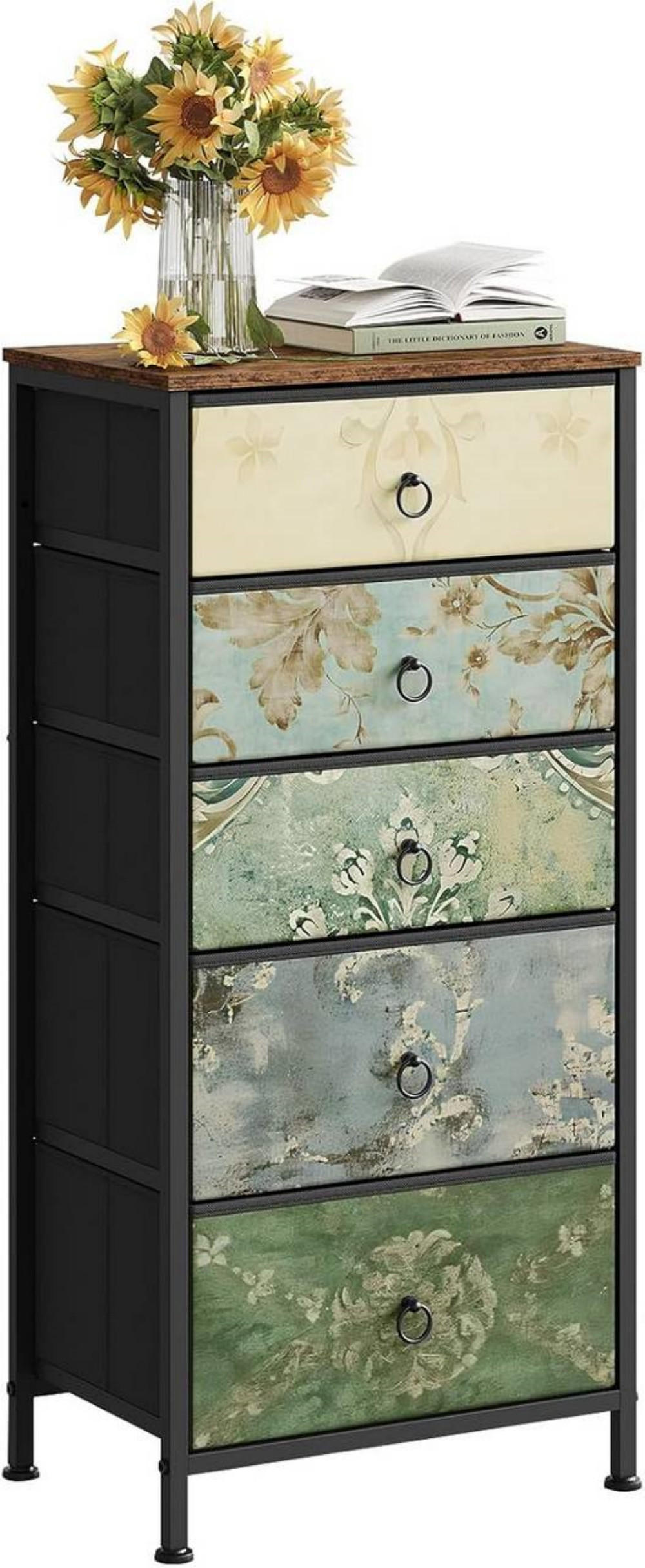KOMMODE mit 5 Schubladen, aus Stoff, Vintage-Blumenmotiv - Multicolor/Schwarz, Holzwerkstoff/Textil (45.5/95.5/30cm) - Woltu