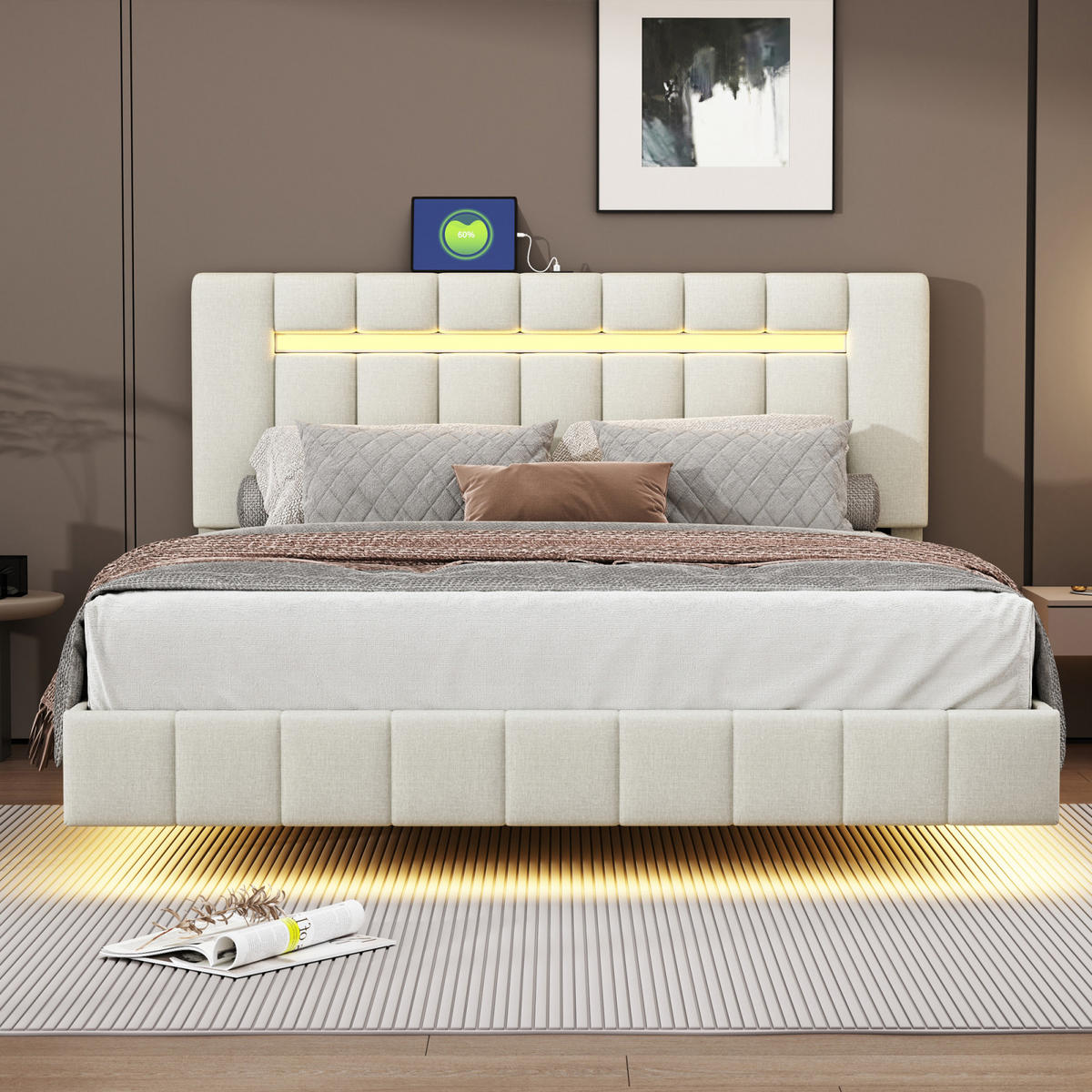 POLSTERBETT 160x200 cm Schwebebett mit LED, USB & Kopfteil, Leinen beige - Beige, Holz (160/200cm)