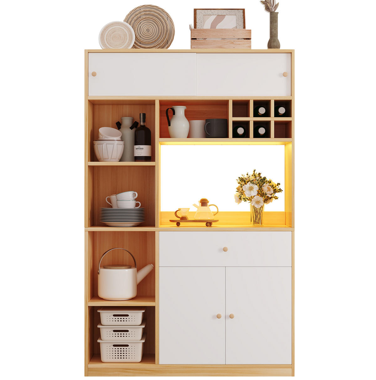 BUFFET 115/35/180 cm aus Spanplatte mit LED-Beleuchtung Weiß/Natur - Weiß, Holzwerkstoff (115/180/35cm) - Modenvie