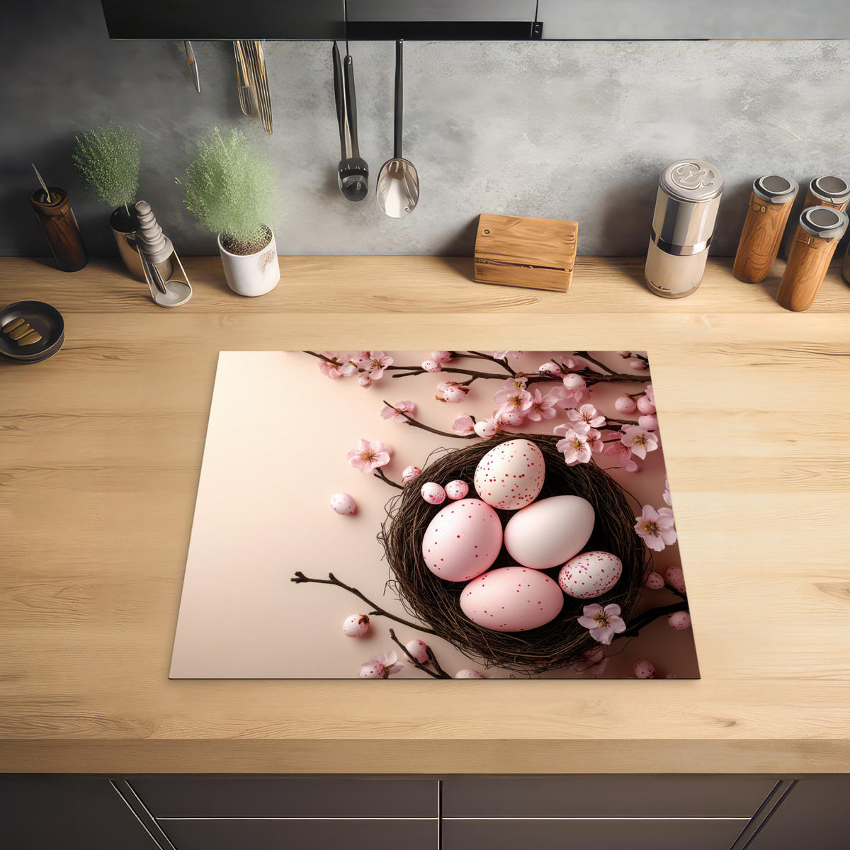 HERDABDECKPLATTE Rosa - Blüten - Eier Ceranfeldabdeckung 59x52 cm - Hellrosa, Kunststoff (59/52/0.2cm) - MuchoWow