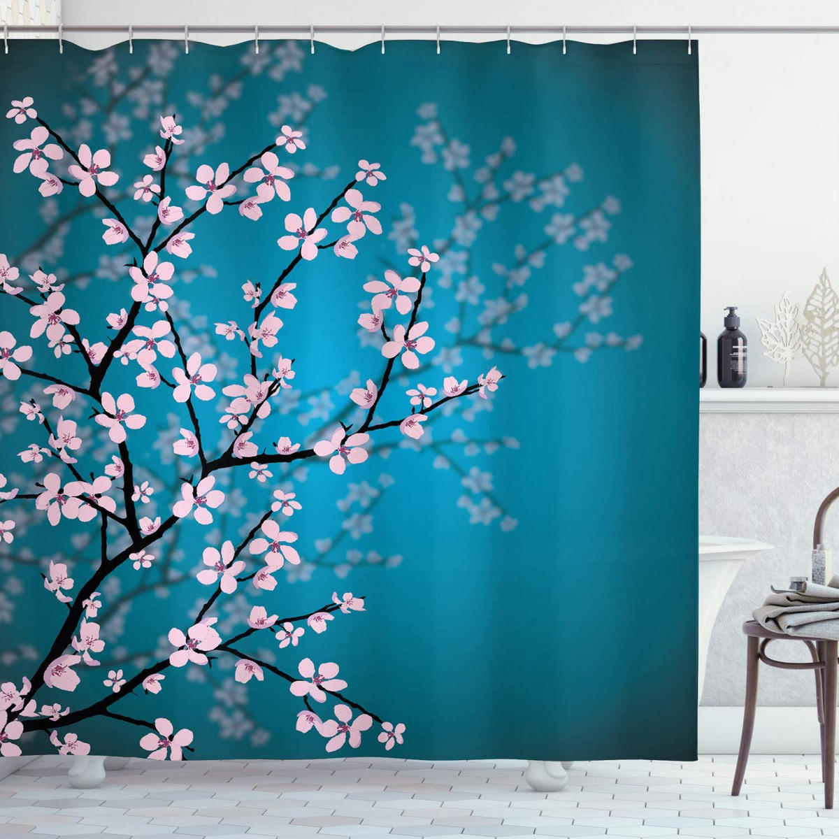 DUSCHVORHANG Blau Rosa Stoff Muster Sakura Dekor Badezimmer mit Haken - Grün, Textil (180/180cm) - MCBOSON