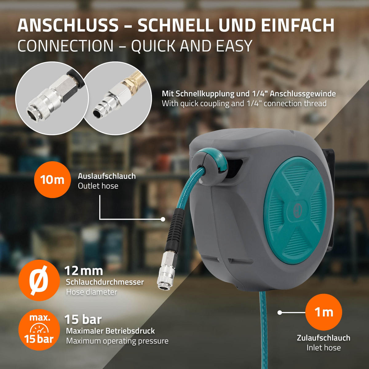 DRUCKLUFTSCHLAUCHTROMMEL 10m+1m - Grau, Kunststoff (14/26/39cm) - ECD-Germany