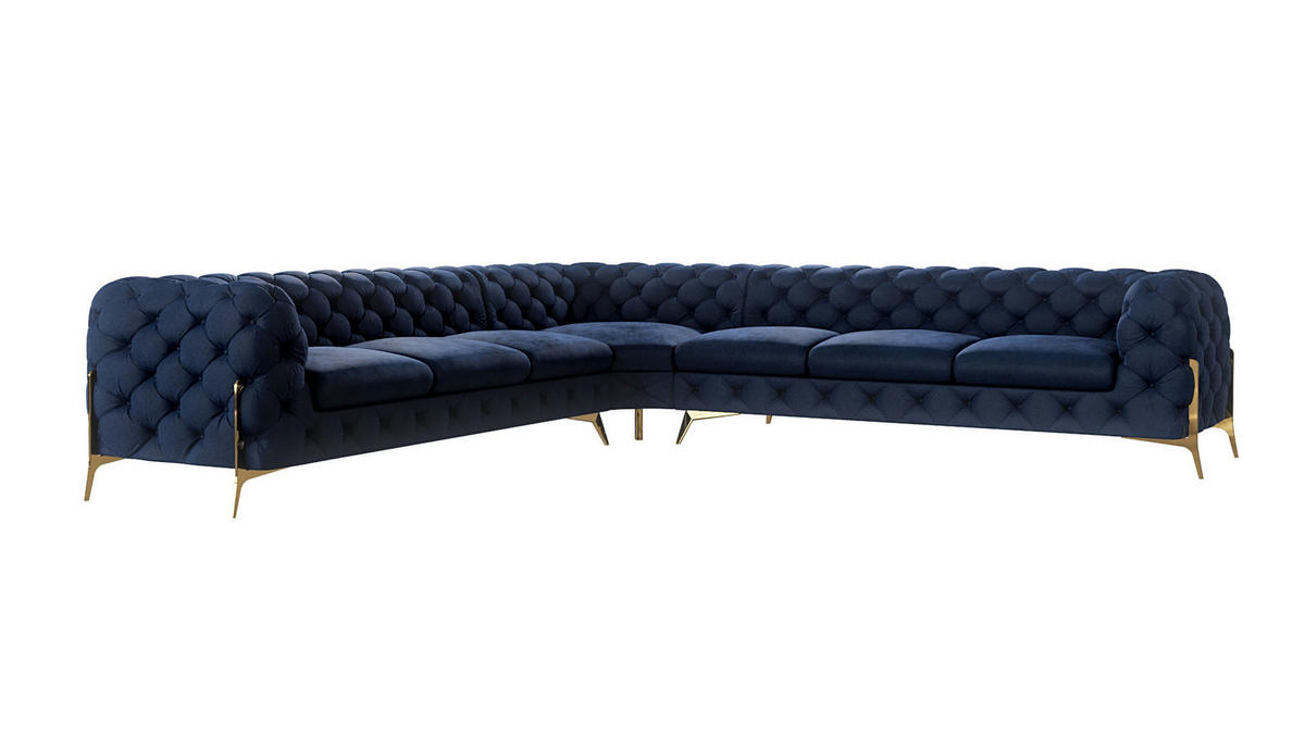 ECKSOFA Chesterfield Lexi Marineblau Samt - Goldfarben/Dunkelblau, Holz/Textil (323/323cm) - S-Style Möbel