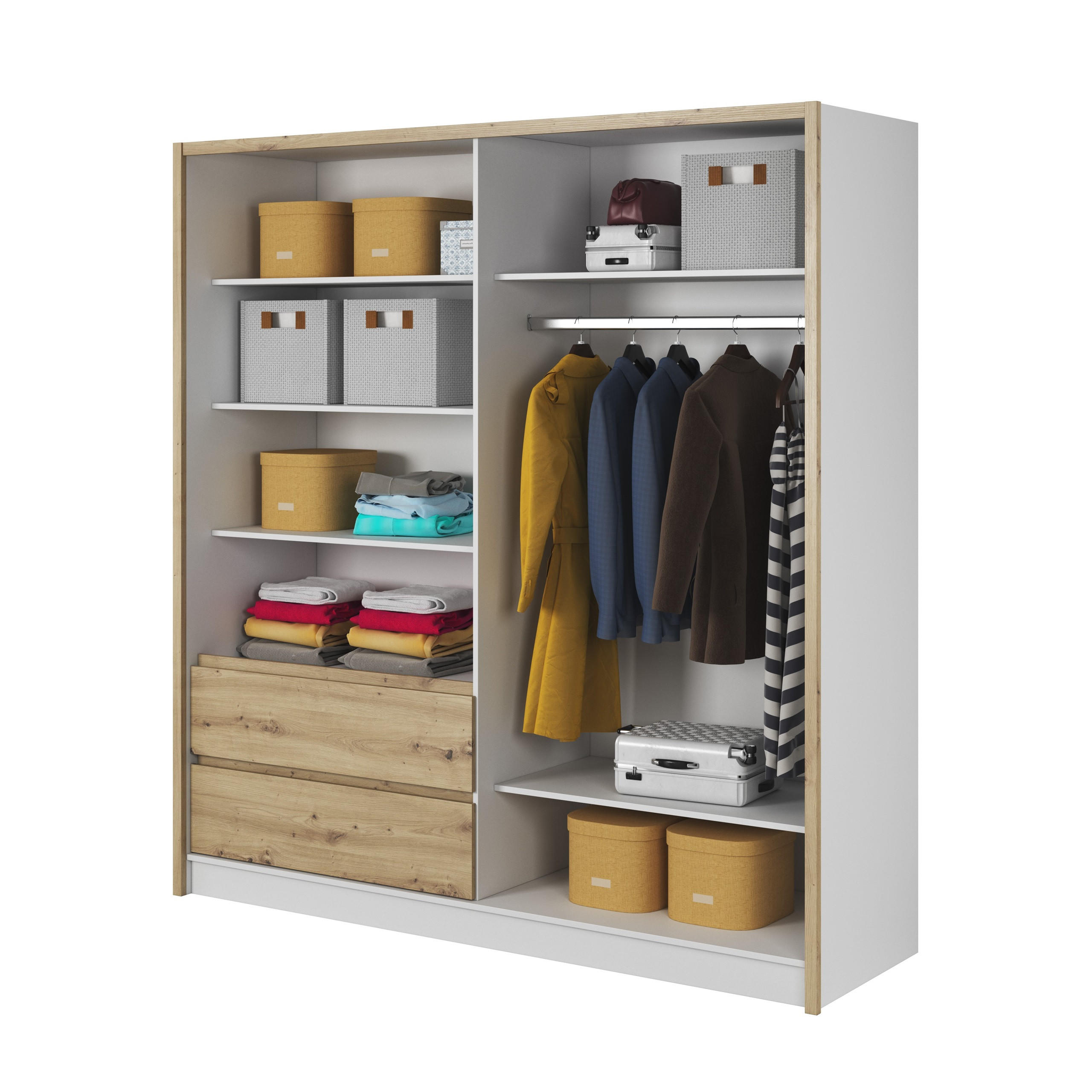 SCHWEBETÜRENSCHRANK SABRINA 204/214/62 cm 3-türig mit Spiegel Weiß - Eiche Artisan/Weiß, Holzwerkstoff (204/214/62cm) - MASSENO