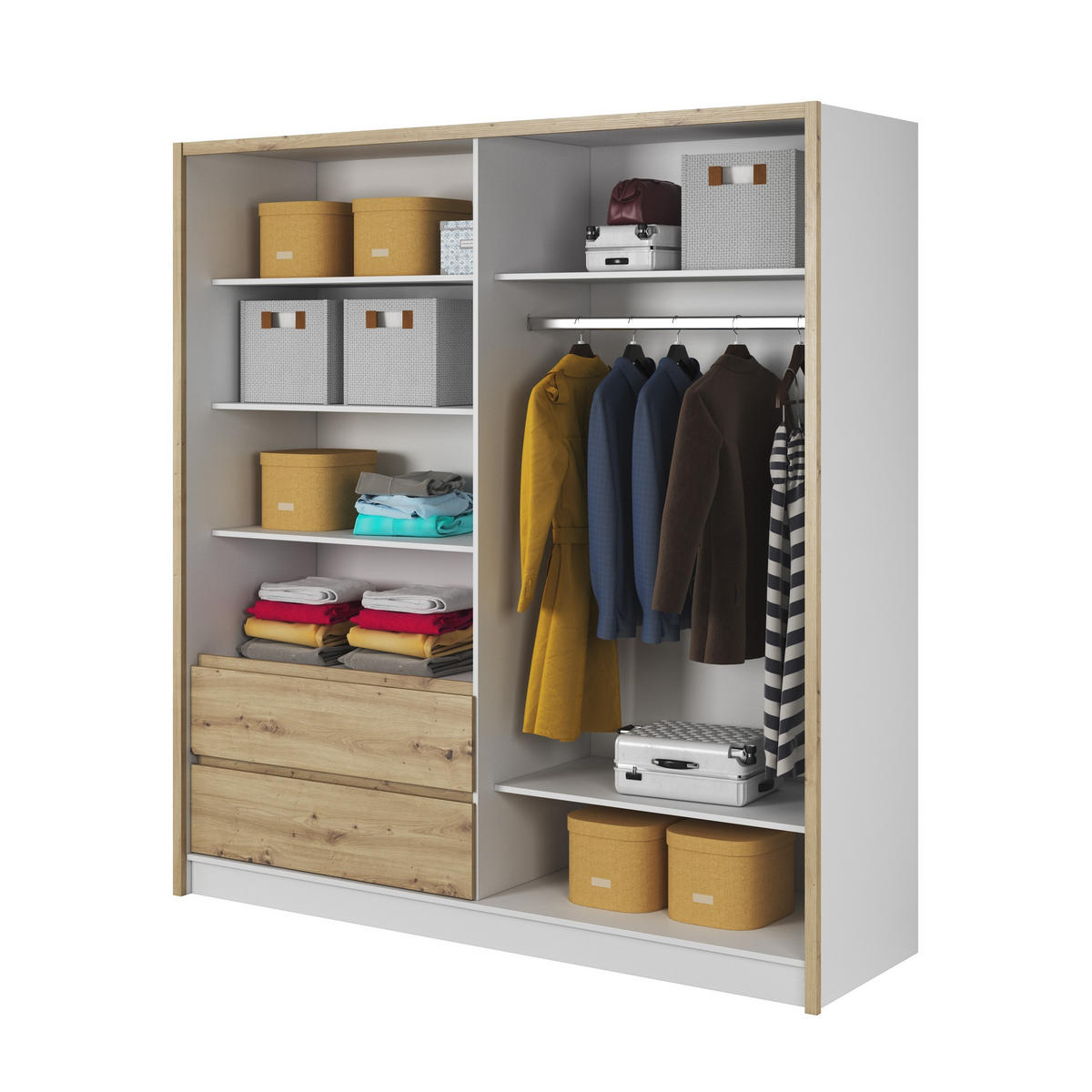SCHWEBETÜRENSCHRANK SABRINA 204/214/62 cm 3-türig mit Spiegel Weiß - Eiche Artisan/Weiß, Holzwerkstoff (204/214/62cm) - MASSENO