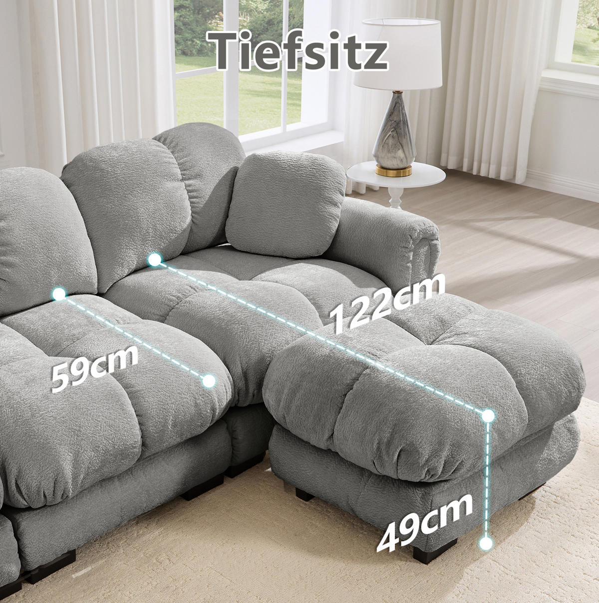 ECKSOFA 190 x 149 x 90 cm in Hellgrau aus Chenille mit modularem Aufbau - Hellgrau, Textil (149/190cm) - Flora Grace