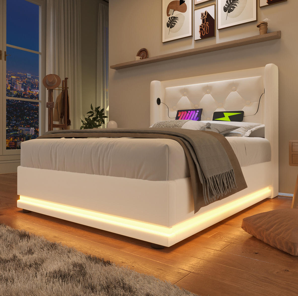 BETT mit Stauraum 90x200 cm PU Weiß mit Matratze, LED und USB-C - Weiß, Metall (90/200cm) - Meubliv