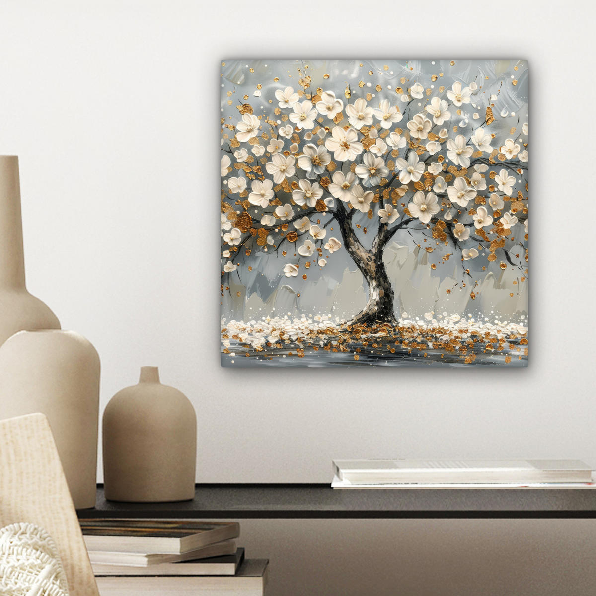 LEINWANDBILD Baum - Blumen - Weiß - Natur - Kunst 20x20 cm - Weiß, Textil (20/20cm) - MuchoWow