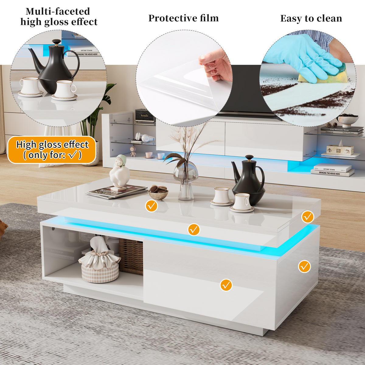 COUCHTISCH Weiß 100/50/40,3 cm mit LED-Beleuchtung - Weiß, Holzwerkstoff (50/100/40.3cm) - PANGIVO