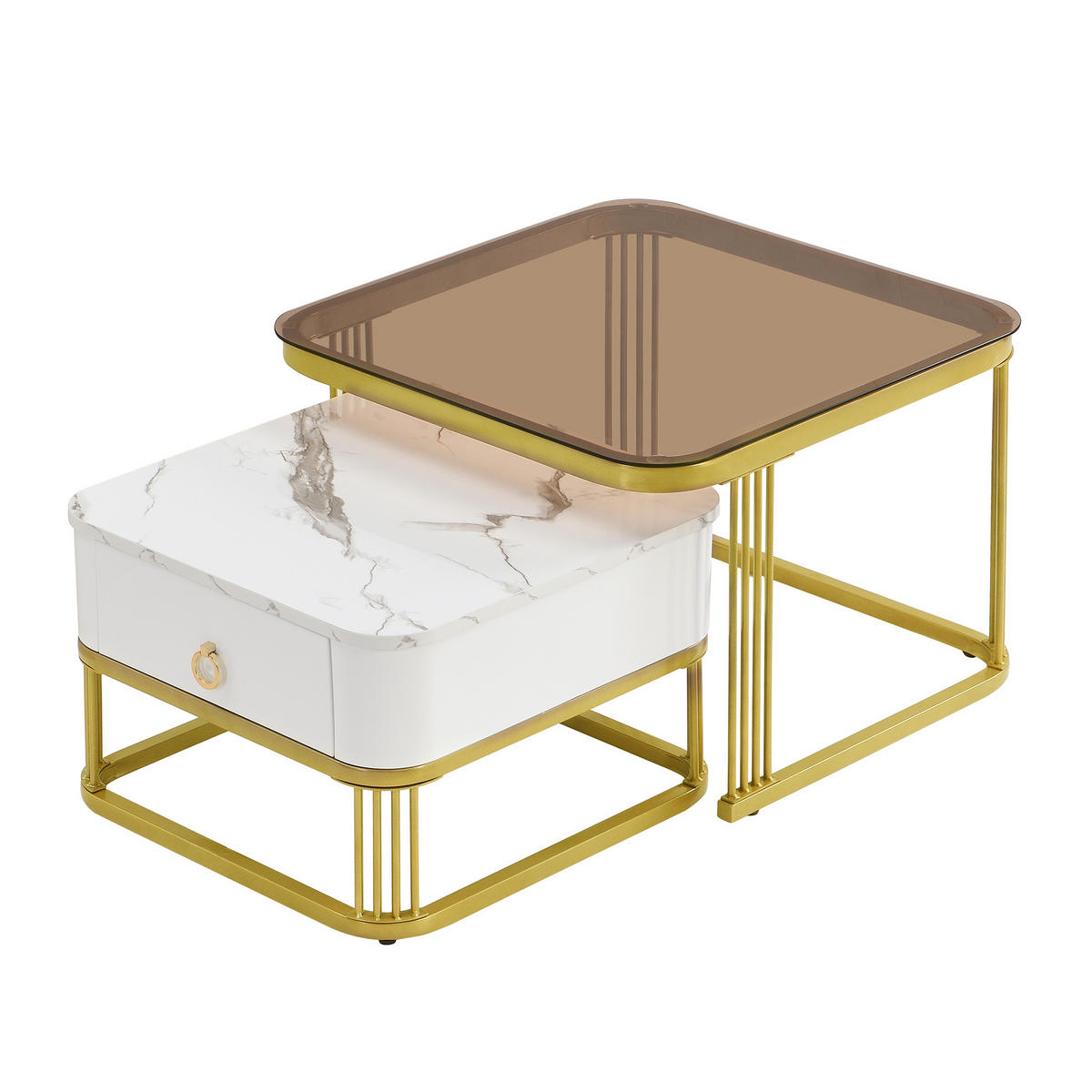 COUCHTISCH 2er Set mit Schubladen und Marmoroptik Tischplatten Teebraun Glas Gold - Goldfarben/Weiß, Holzwerkstoff (60/60/42.5cm) - EVRYAE