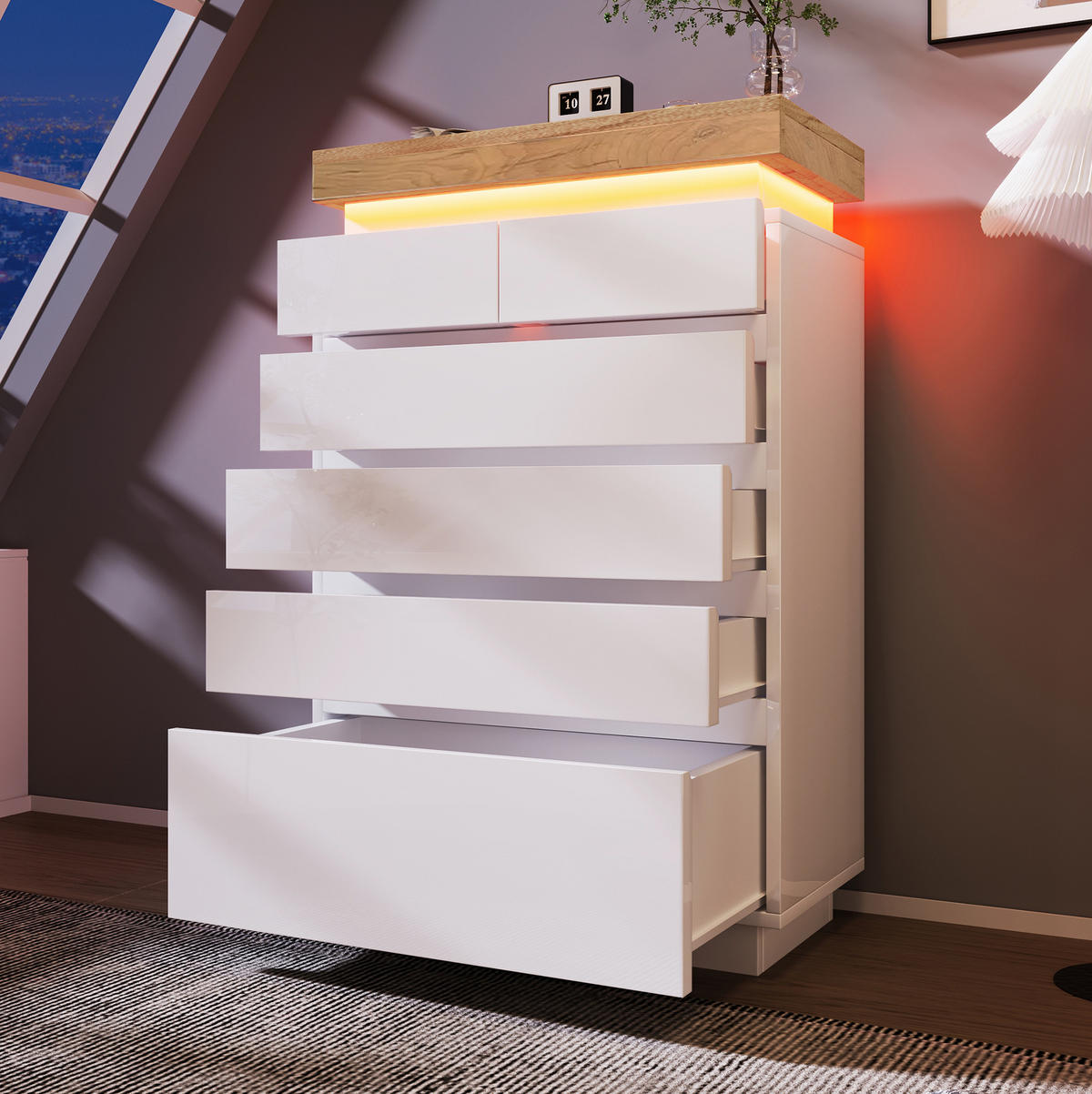SIDEBOARD 73/39/115 cm in Weiß mit 6 Schubladen und LED-Beleuchtung - Weiß, Holzwerkstoff (73/115/39cm) - Flora Grace