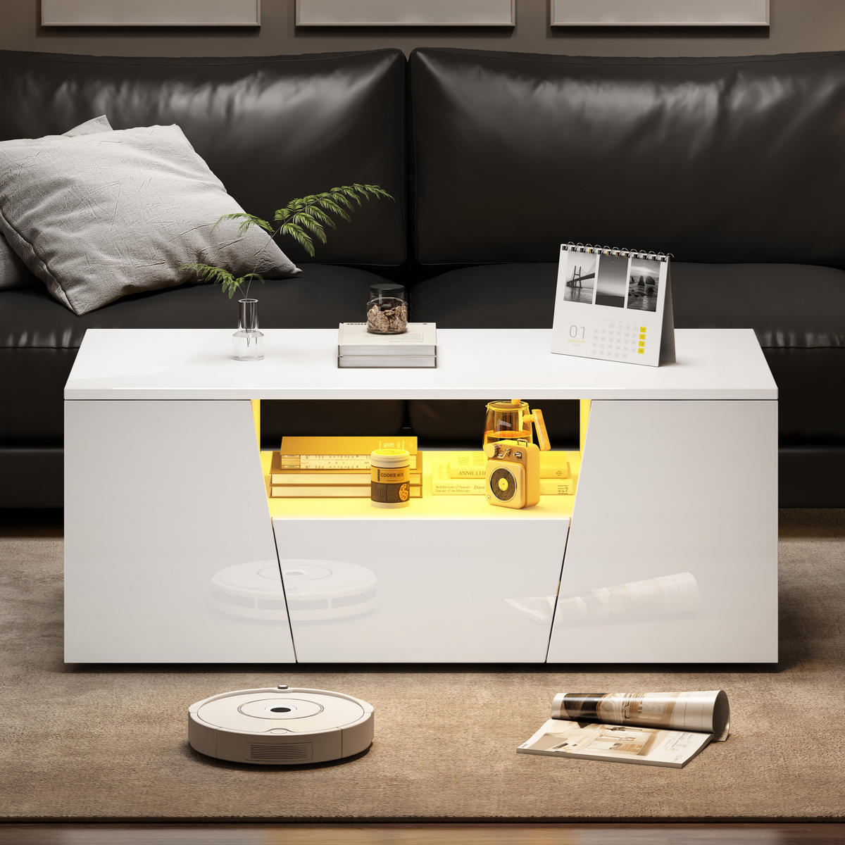 COUCHTISCH, Hochglanz Weiß, mit App-LED (USB) & Stauraum, 100/50/40 cm,Weiß - Weiß, Holzwerkstoff (100/50/40cm) - Redom