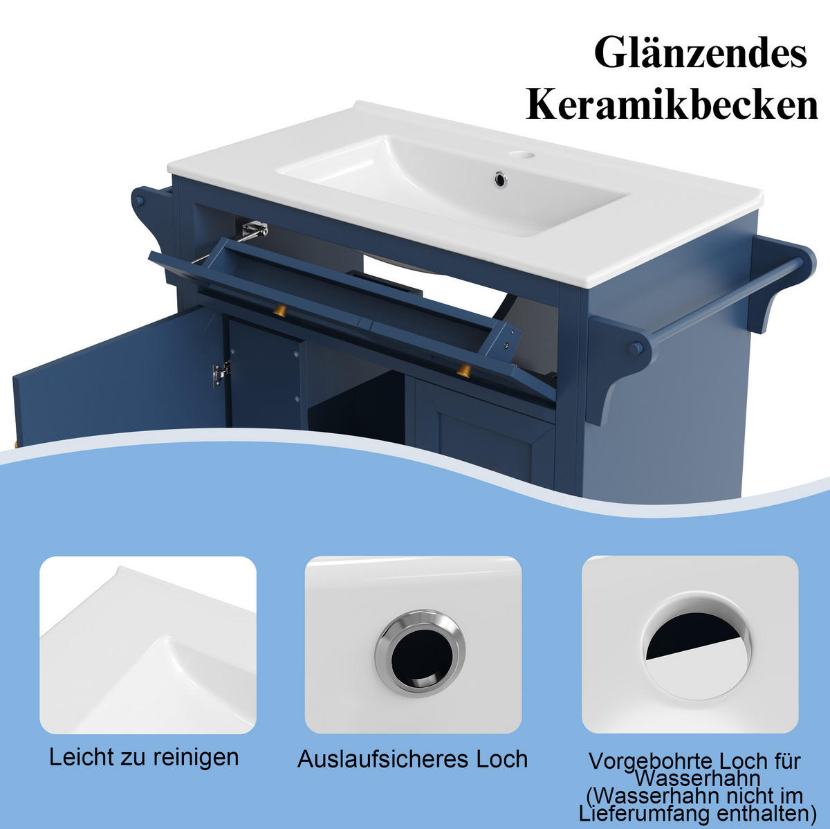 WASCHTISCHKOMBI 99,5/45/86 cm blau aus MDF mit Keramikbecken - Blau, Holzwerkstoff (99.5/86/45cm) - OKWISH