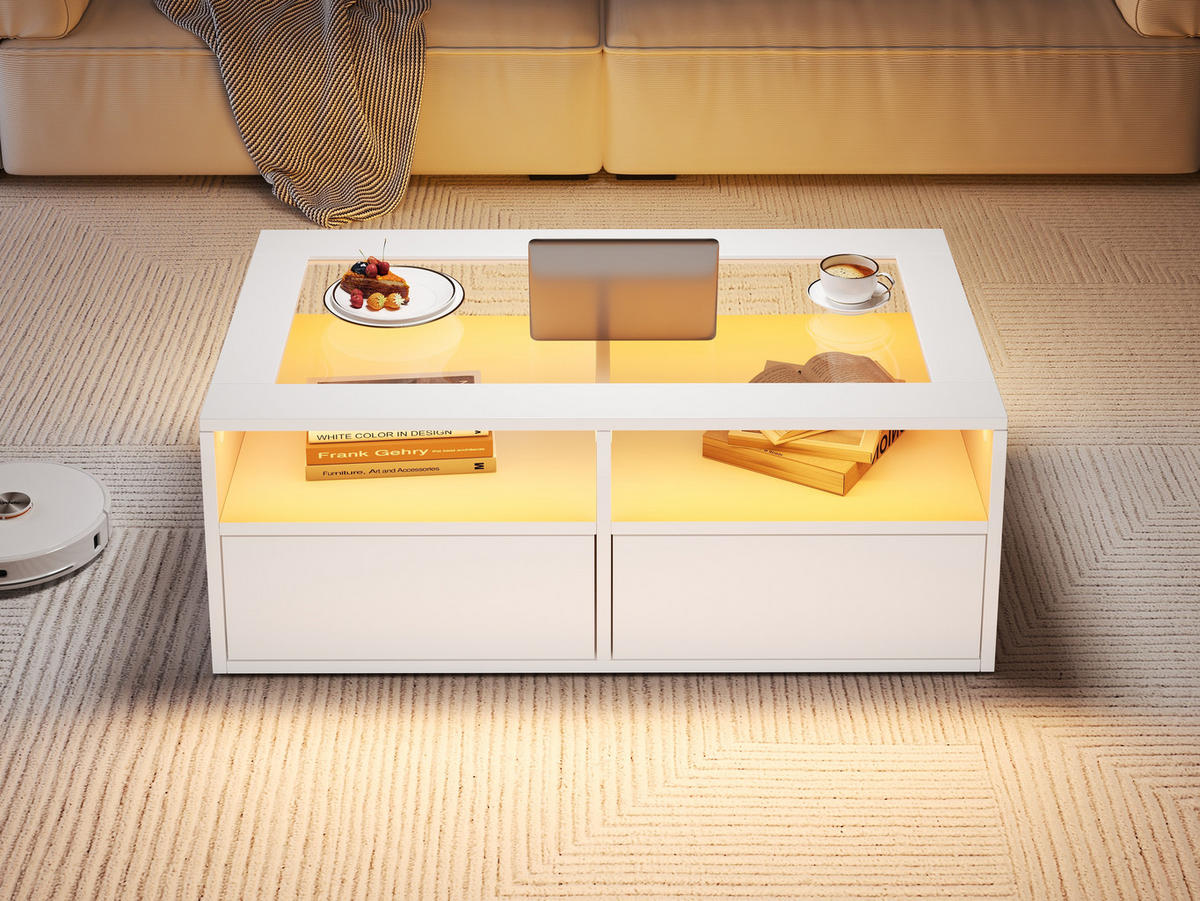 COUCHTISCH 100/50/35 cm Weiß aus Glas und Holzwerkstoff mit LED-Beleuchtung und 2 Schubladen - Weiß, Glas (100/50/35cm) - OKWISH