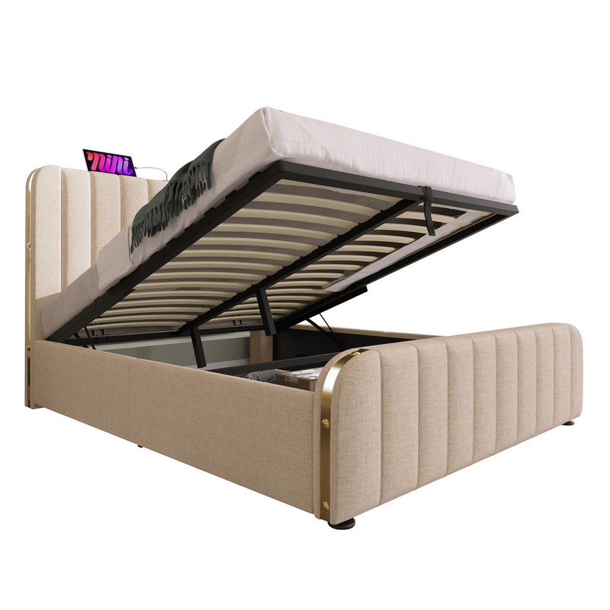 POLSTERBETT 140x200cm Doppelbett USB-C Hydraulik Goldstreifen Beige - Beige, Holz (140/200cm) - FLIEKS