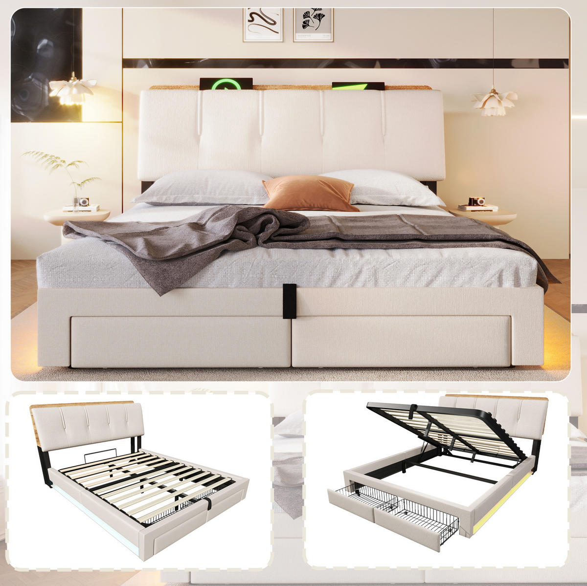 POLSTERBETT mit Stauraum & USB 140x200 cm Leinen Beige - Beige, Metall (140/200cm) - Meubliv