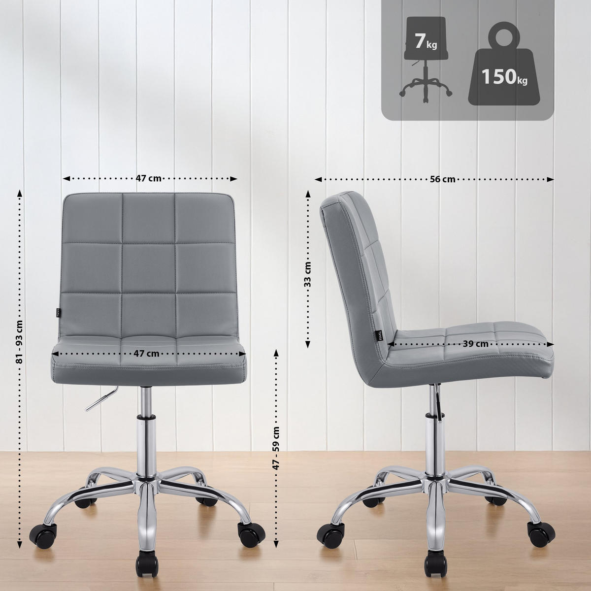 DREHSTUHL Lederlook Grau - Chromfarben/Grau, Textil/Metall (47/93/56cm) - CLP