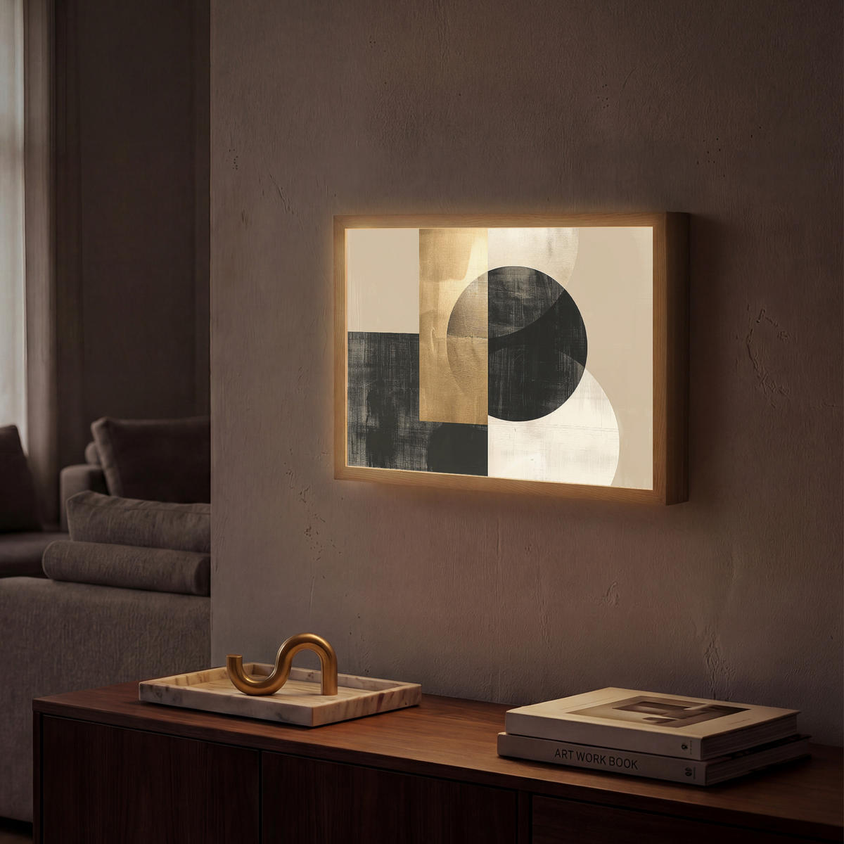 WANDLEUCHTE MIT AKKU Abstrakt - Modern - Schwarz - Gold 40x30 cm - Sandfarben, Holzwerkstoff (40/30/8cm) - OnlyWow