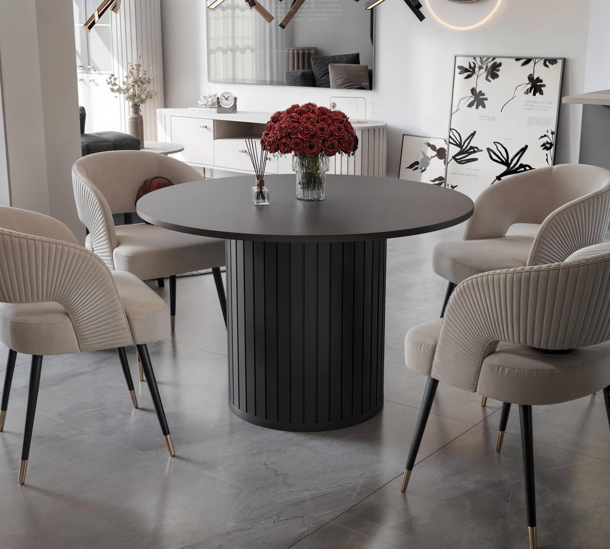 ESSTISCH rund mit geriffeltem Sockel, Schwarz - Schwarz, Holzwerkstoff (120/120/75cm) - Idohome