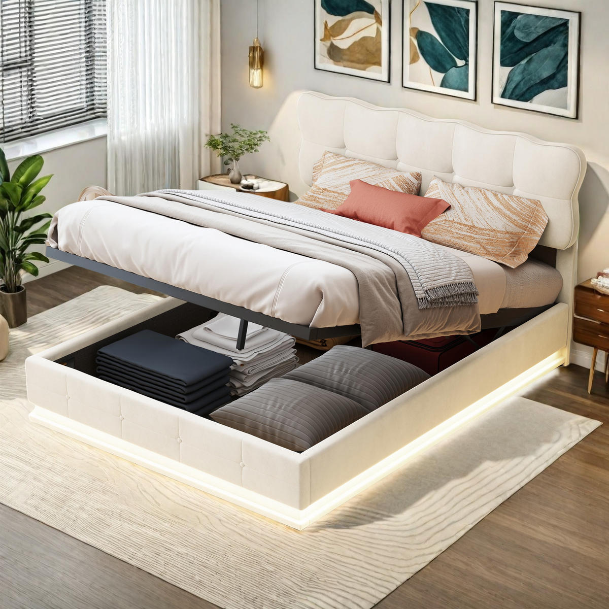 ČALÚNENÁ posteľ 140x200 cm sivý zamat s LED úložným priestorom - béžová, kov (140/200cm) - SHOPENTRA