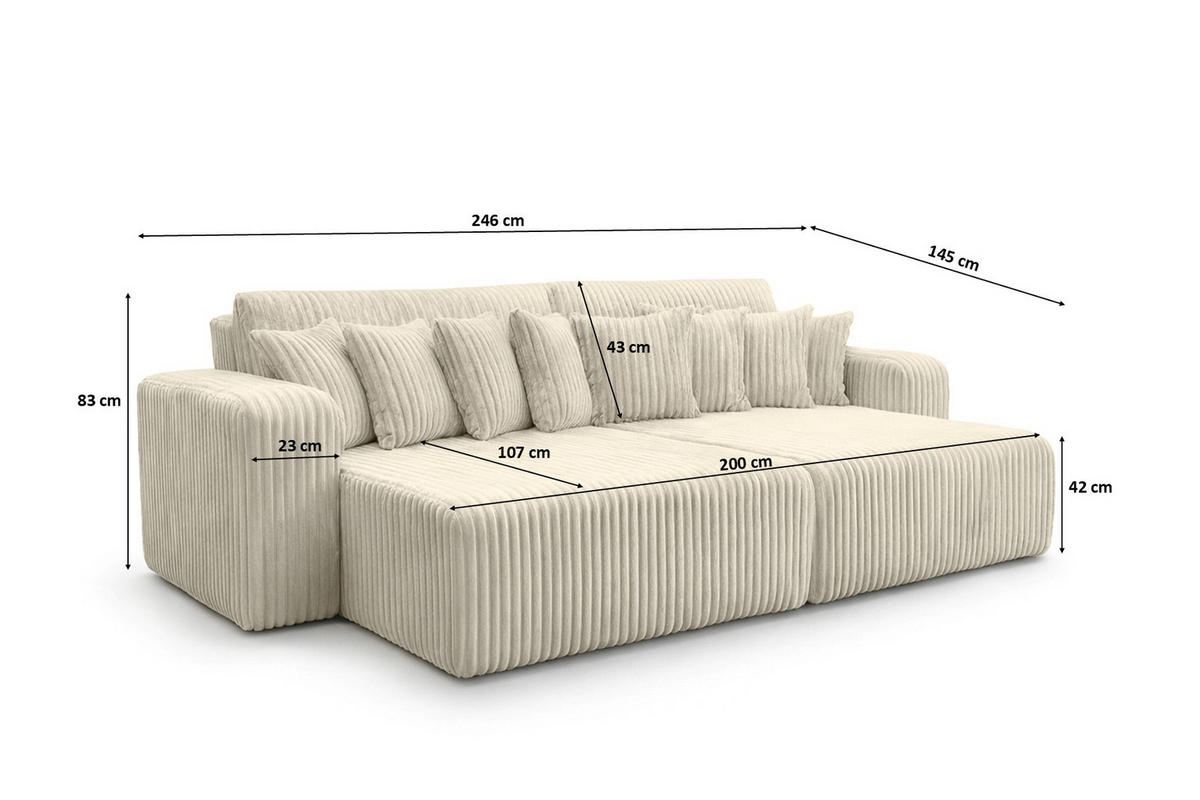 SCHLAFSOFA, Cordstoff Tilia, Ecru, PIANO DOUBLE - Ecru, Holz (246/83/145cm) - Kaiser Möbel