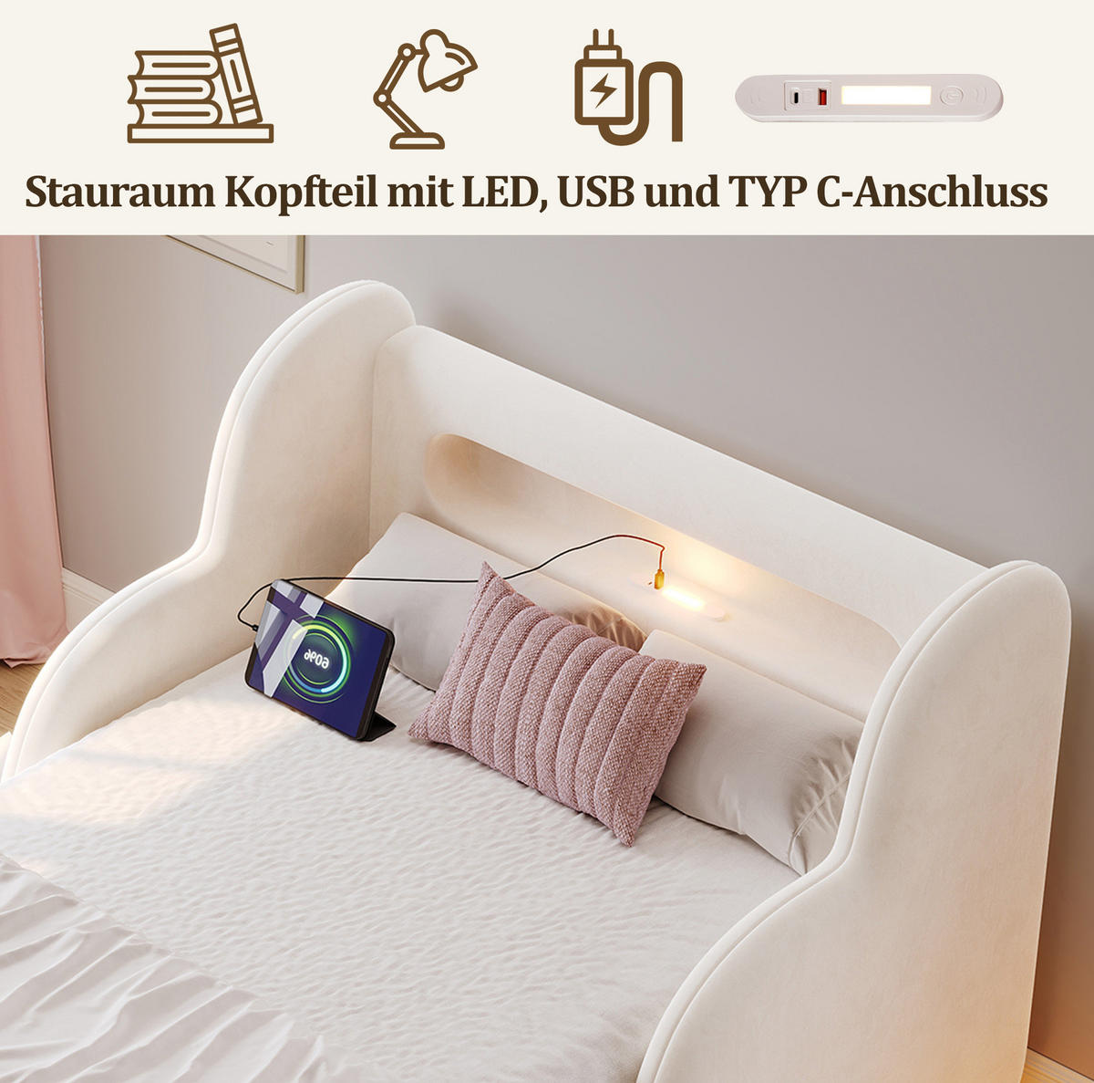 KINDERBETT 90/200 cm aus Samt mit Schutzgeländer Nachtlicht und USB-Anschluss Beige - Beige, Textil (90/200cm) - Modenvie