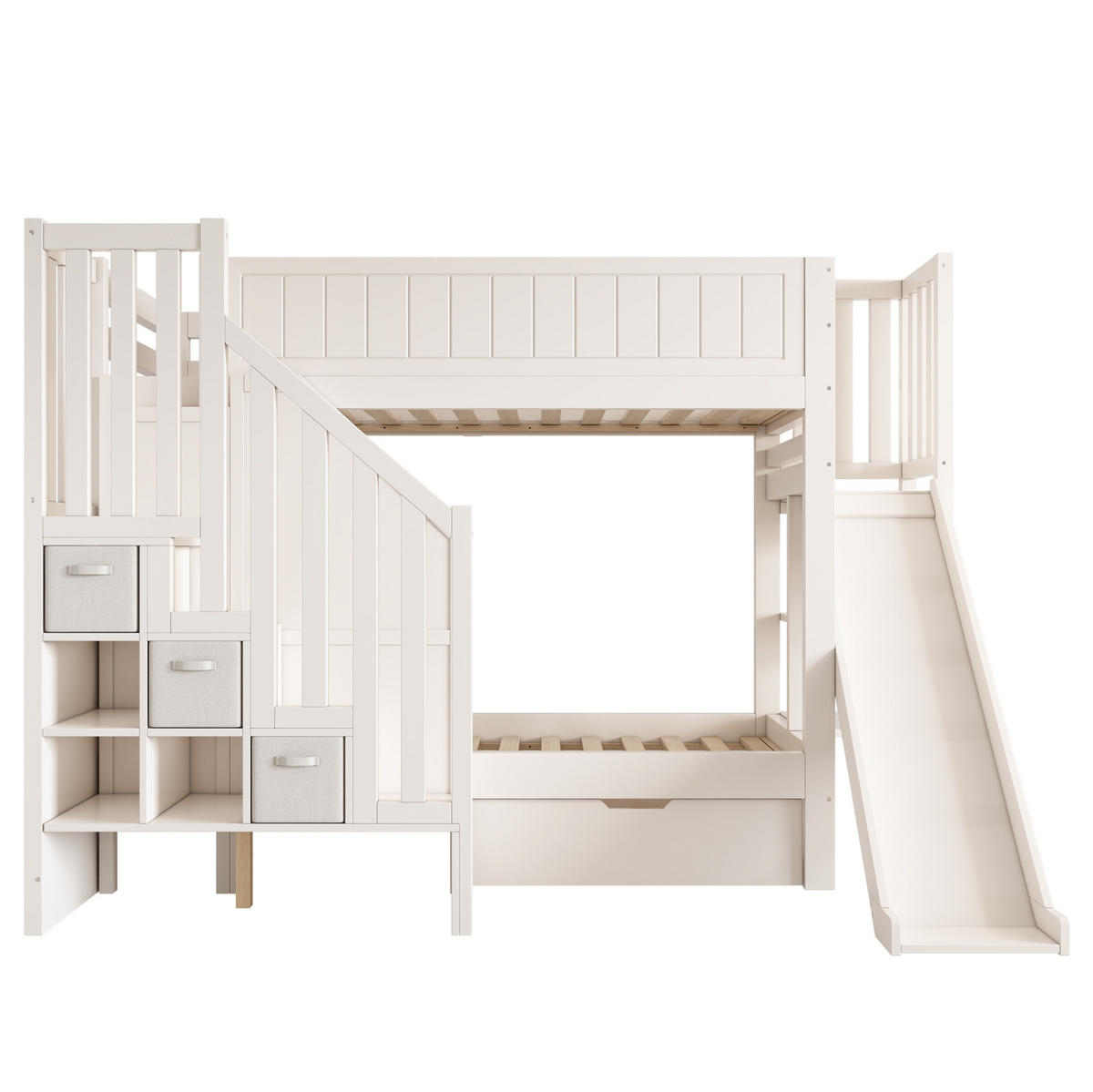 ETAGENBETT 160/200 cm weiß aus Holz mit Rutsche und Stauraum - Weiß, Holzwerkstoff (90/200cm) - OKWISH
