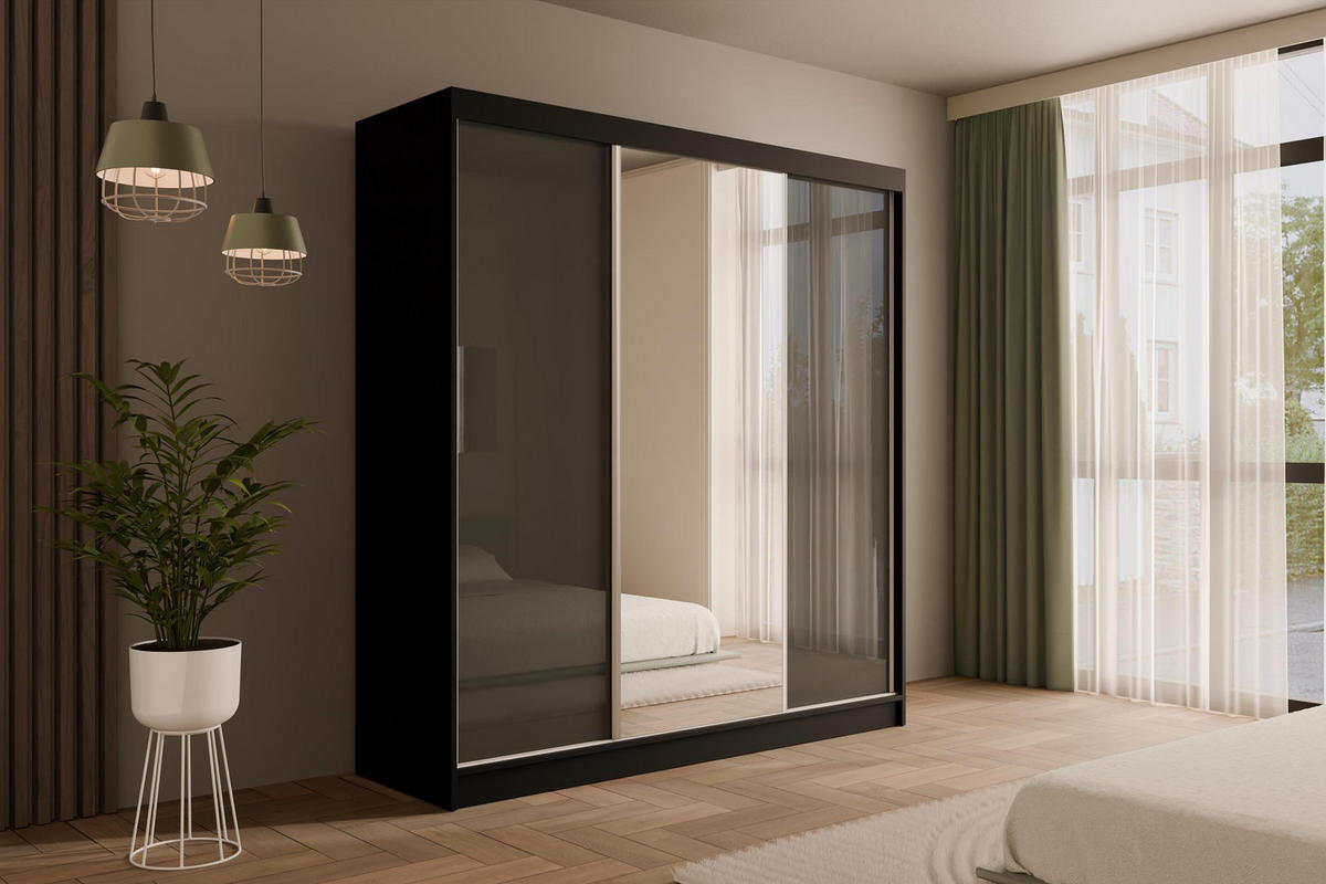 KLEIDERSCHRANK mit Spiegel V2-VITA 215x200 cm - Schwarz|Grau - Schwarz/Grau, Holzwerkstoff (200/215/61cm) - ALTDECOR