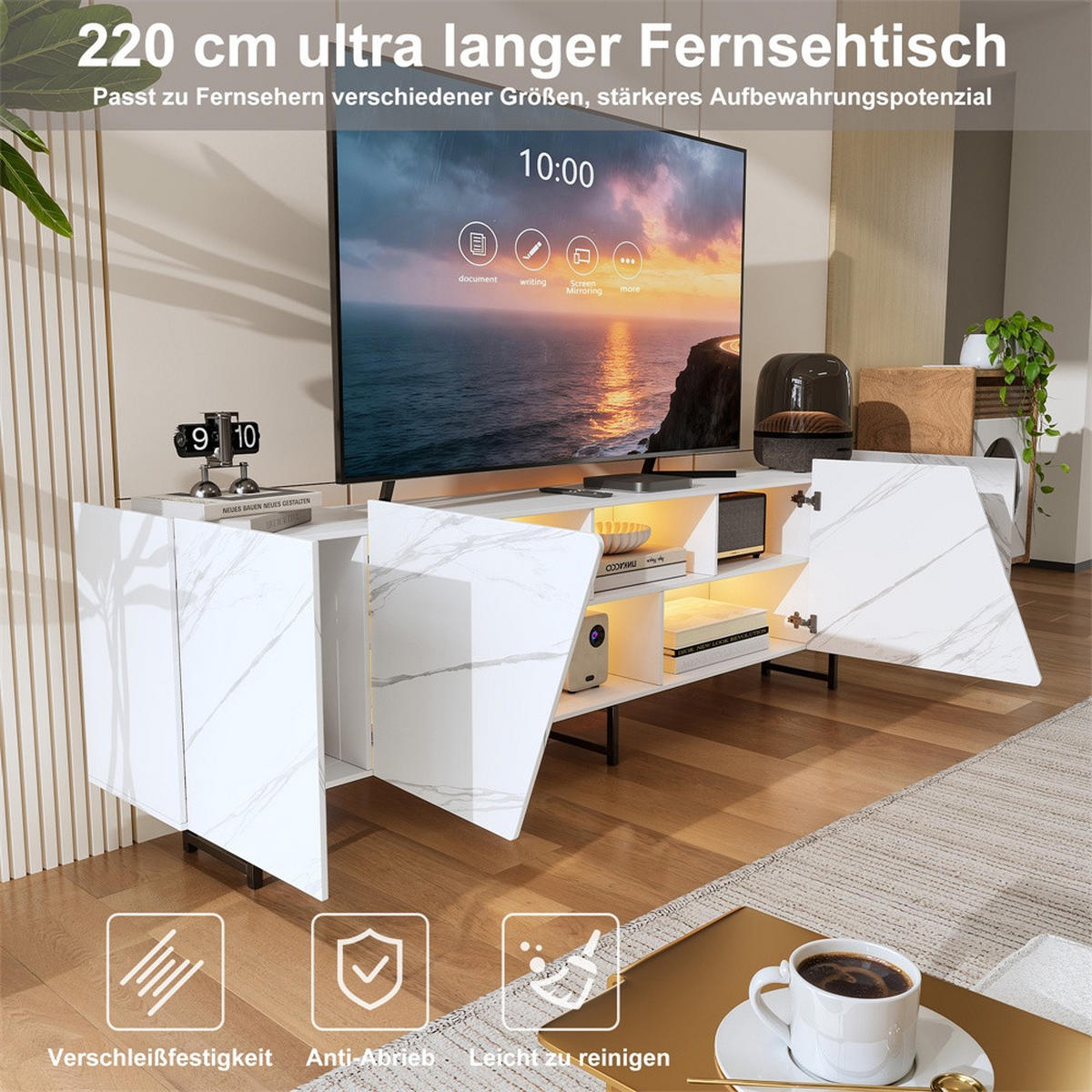 TV-LOWBOARD - TV-Schrank mit LED-Beleuchtung und offenem Ausstellungsbereich - Marmoroptik Weiß - Weiß, Holzwerkstoff (34.5/67.7/220cm) - DELFA