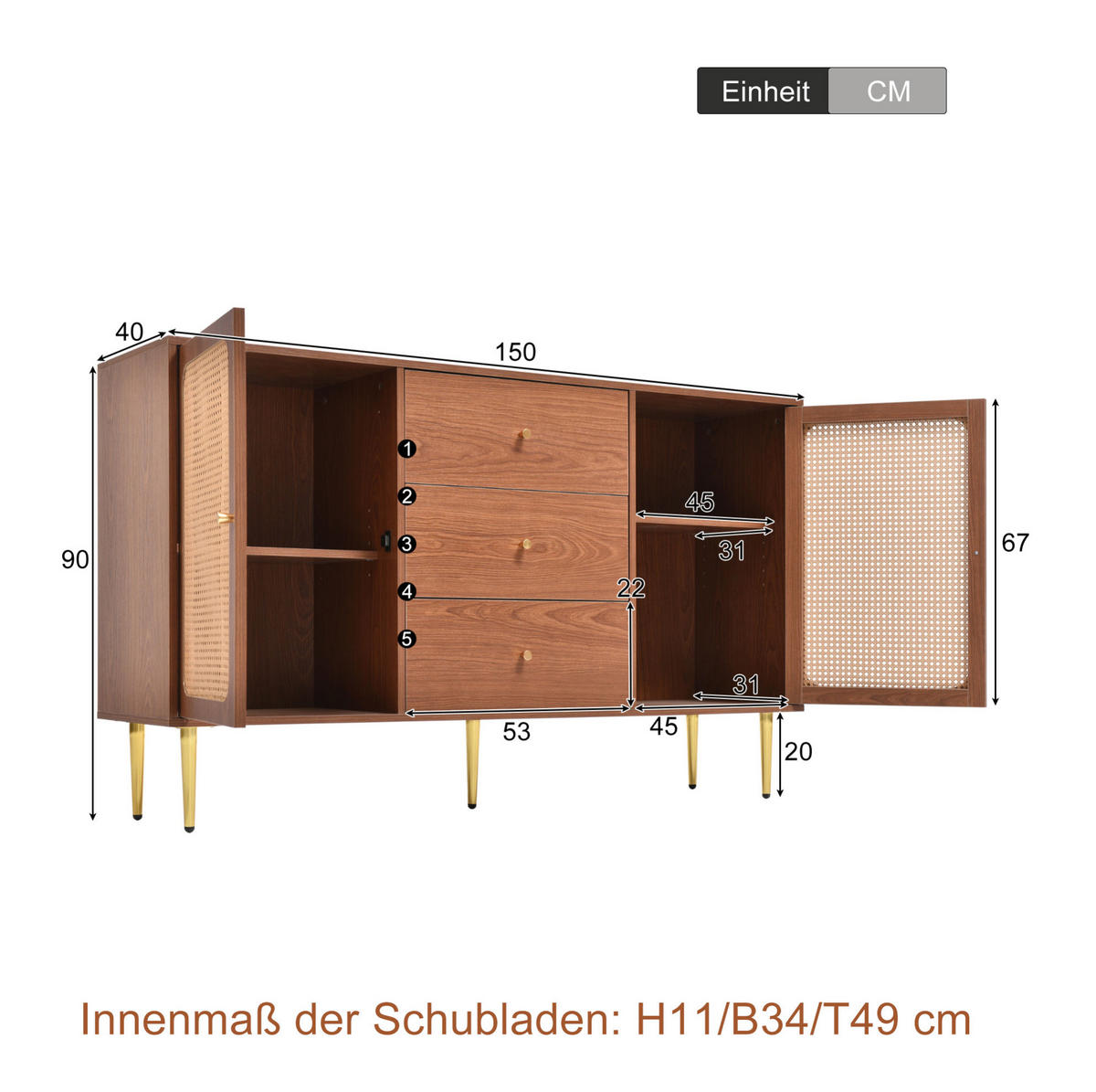 KOMODA 150/40/90 cm se 2 dvířky, 3 zásuvkami a nastavitelnou policí, ořechová, dřevo/kov - přírodní, kov (150/90/40cm) - Redom
