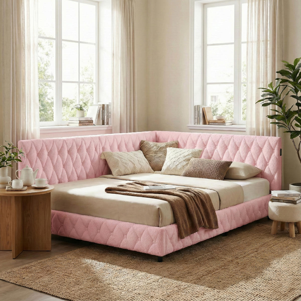 POLSTERBETT Modern 140/200 cm mit L-Eckpolsterung & LED Teddy-Plüsch Pink - Pink, Textil (140/200cm) - Creahappy