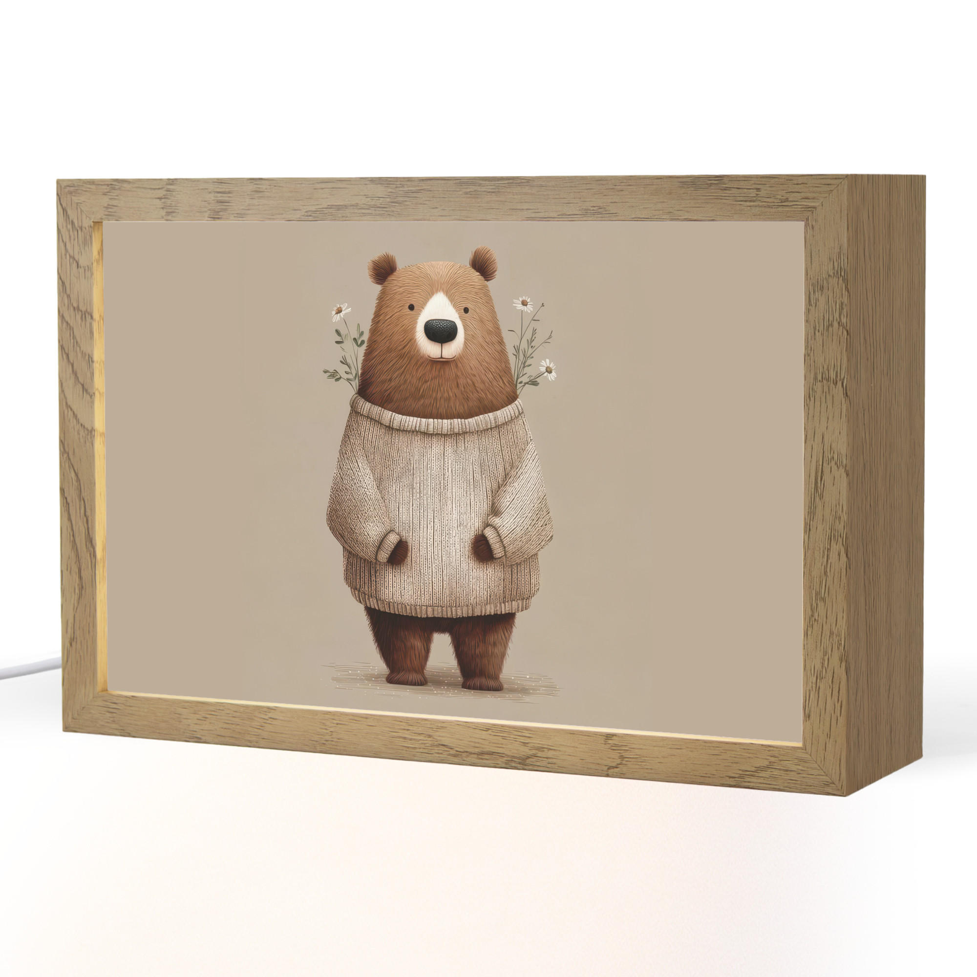 NACHTTISCHLAMPE Bär - Weiße Blumen - Gemütlich 30x20 cm - Taupe, Holzwerkstoff (8/30/20cm)