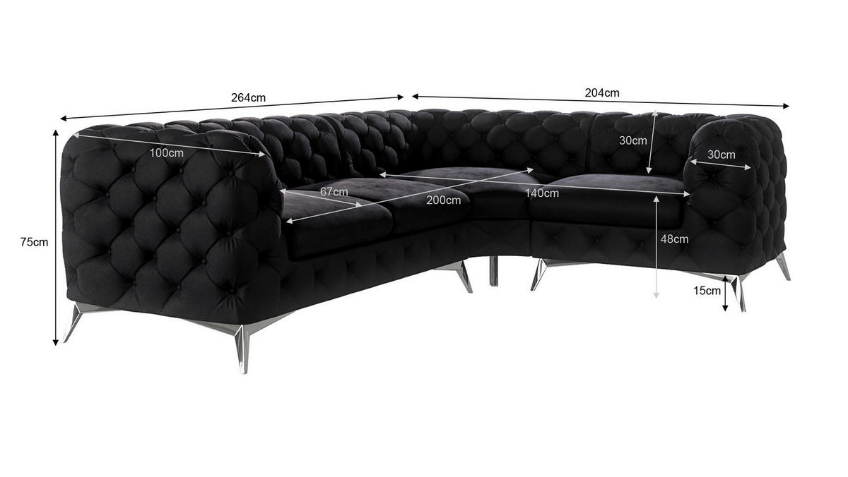 ECKSOFA Chesterfield Laura Schwarz Samt, Ottomane rechts - Silberfarben/Schwarz, Holz/Textil (264/204cm) - S-Style Möbel