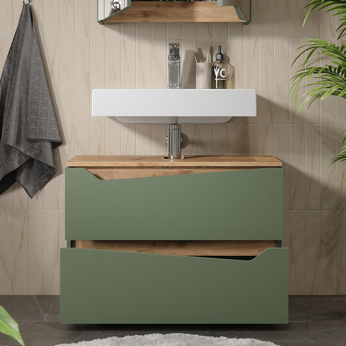 WASCHBECKENUNTERSCHRANK Marelle Grün/Artisan 80 x 57.5 cm mit 2 Schubladen - Grün, Holzwerkstoff (80/57.5/35cm) - Vicco