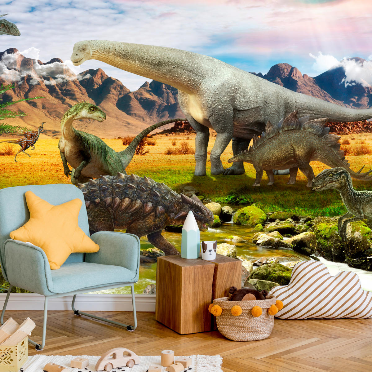 FOTOTAPETE für Kinderzimmer Dinosaurier Berge aus Felsen Bäume 350x256 - Multicolor, Papier (350/256cm) - Muralo