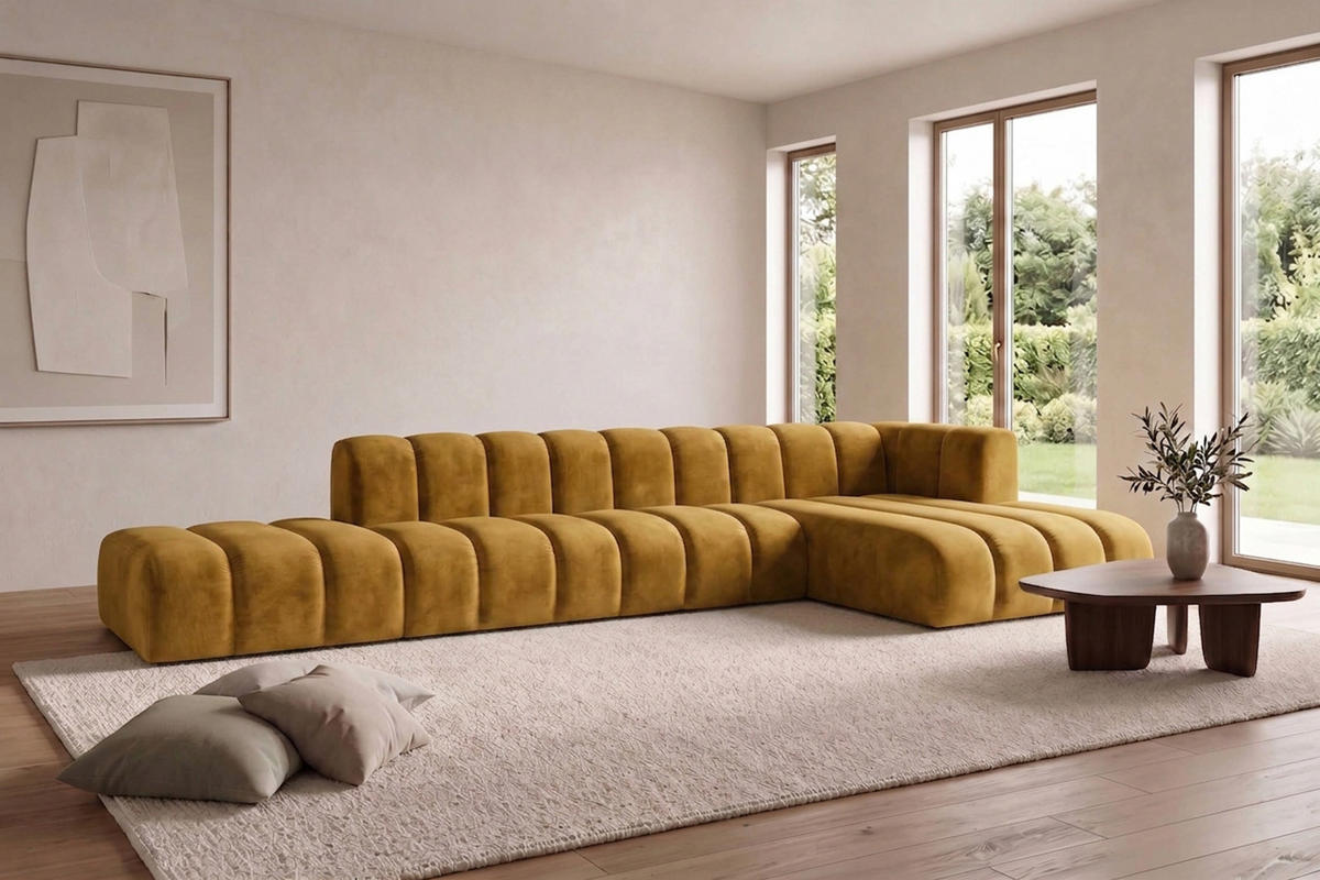 ECKSOFA Modulares In L-Form Mit Hocker, Velvet-Stoff Riviera, Senffarbe, Rechts, GRAND - Gelb, Holz (386/179cm) - Kaiser Möbel