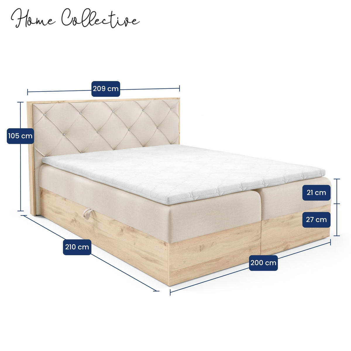 BOXBETT Holzoptik Sonoma Eiche mit Topper 200x200 cm Creme - Creme, Textil (200/200cm) - Home Collective