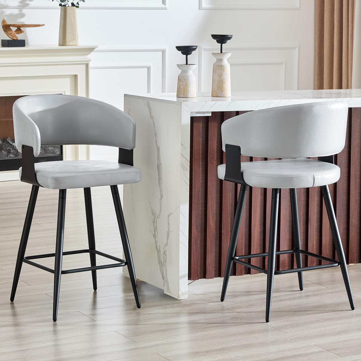 BARHOCKER DE-36675 2er-Set mit Kunstlederbezug und Metallgestell Schwarz - Grau, Metall (47/94.5/46cm) - ComfortXL
