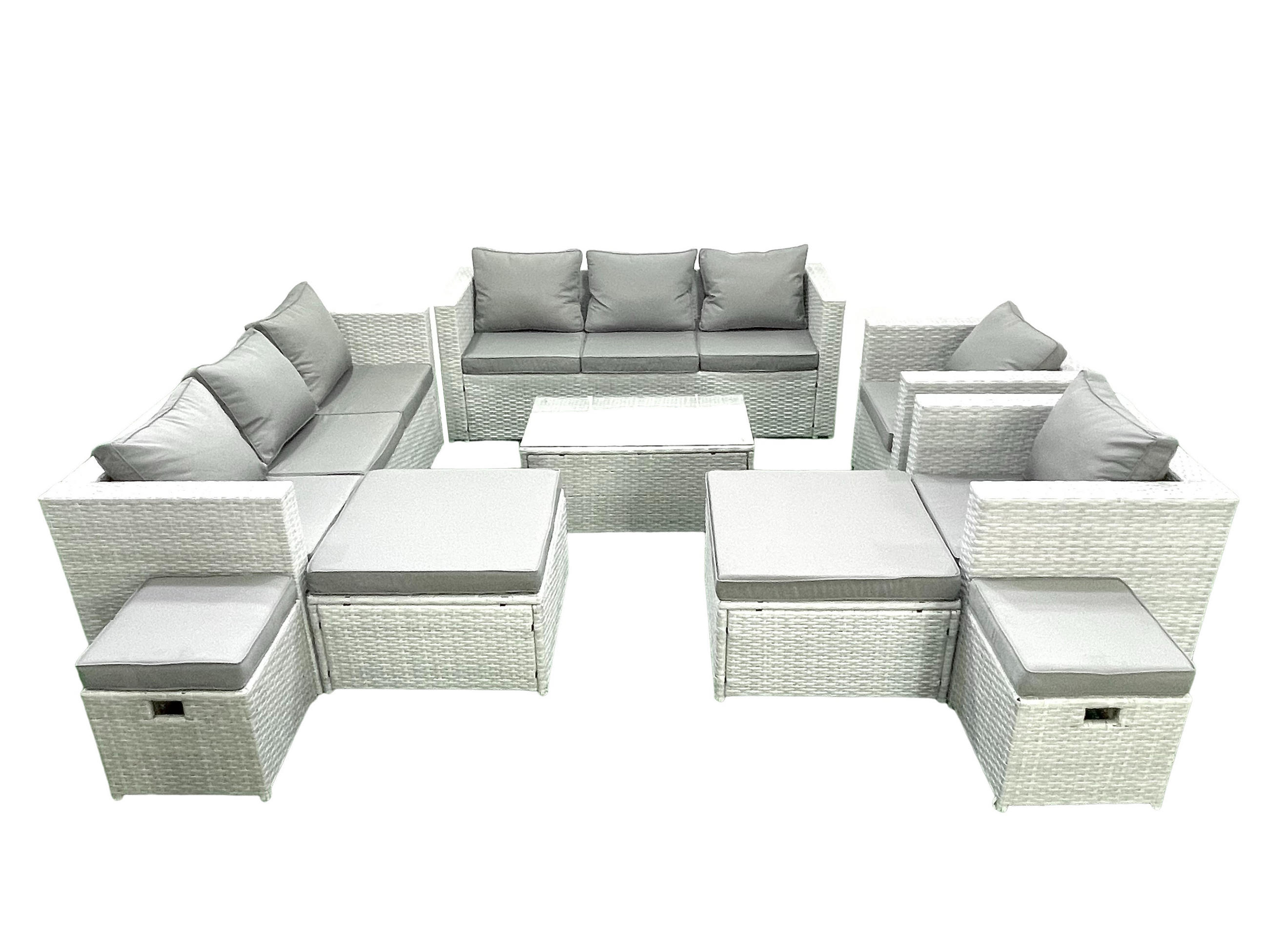 GARTENSET mit 3-SITZER SOFA,COUCHTISCH Polyrattan Hellgrau-Mix 12-Sitzer - Hellgrau/Grau, Glas/Kunststoff - Fimous