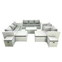 GARTENSET mit 3-SITZER SOFA,COUCHTISCH Polyrattan Hellgrau-Mix 12-Sitzer - Hellgrau/Grau, Glas/Kunststoff - Fimous
