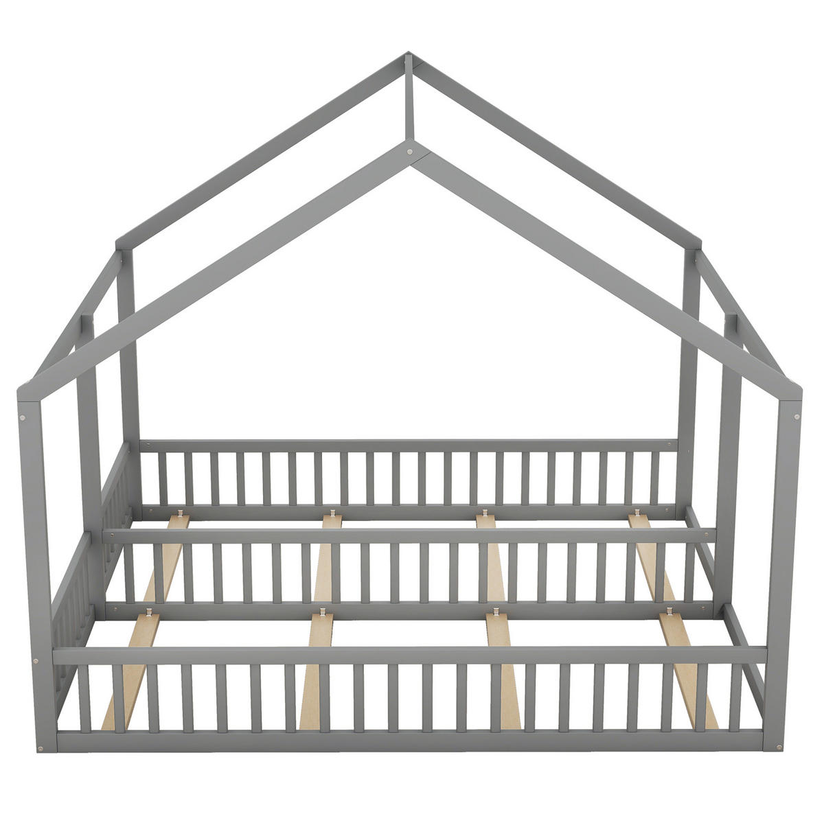 DĚTSKÁ postel 90/200 cm šedá z borovice 2 v 1 s domečkovým rámem a zábranami - šedá, dřevo (90/200cm) - OKWISH