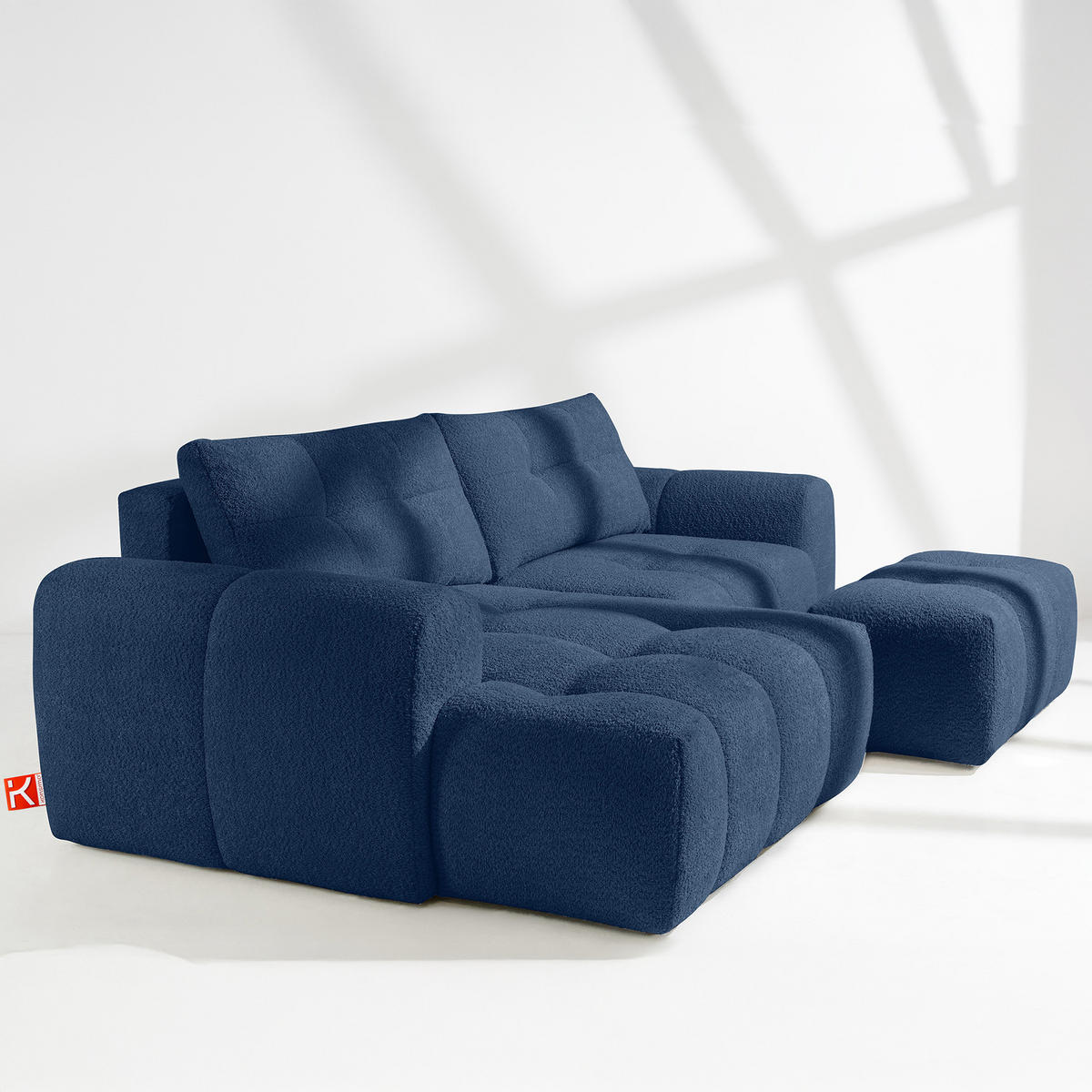 ECKSOFA MIT HOCKER RAVIA, Bouclé, Marineblau - Dunkelblau, Holz/Textil (96/50cm) - KONSIMO®