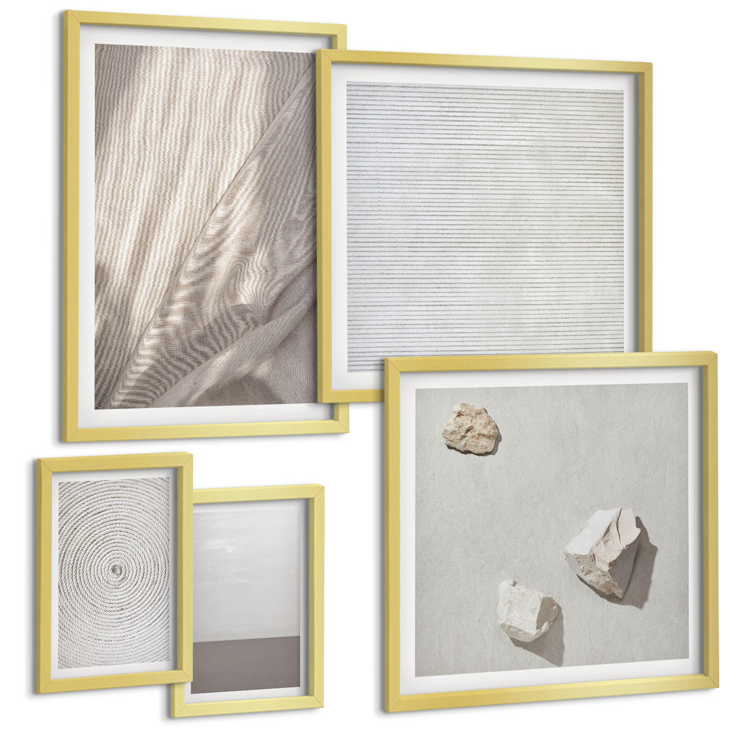 BILDER SET 5er Set - 50x50 cm & 20x30 cm & 40x60 cm Goldrahmen - Zarte Boho-Texturen der Natur - Goldfarben, Kunststoff (40/60cm) - TULUP