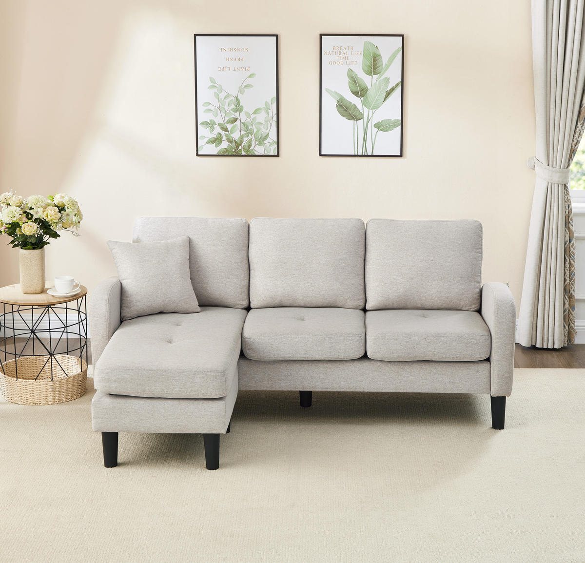 ECKSOFA L-Form 3-Sitzer mit Chaiselongue Baumwoll-Leinenstoff Beige 166/118/77 cm - Beige, Kunststoff (166/118cm) - OKWISH