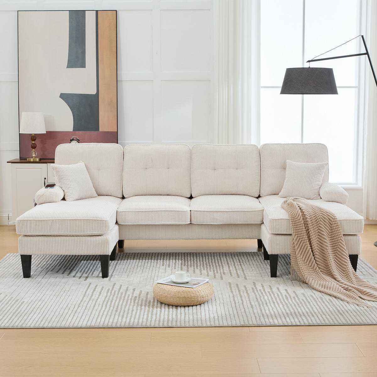 WOHNLANDSCHAFT 4-Sitzer Leinen Beige mit USB, Type-C und Seitentaschen - Beige, Textil (250/88/130cm) - WISHDOR