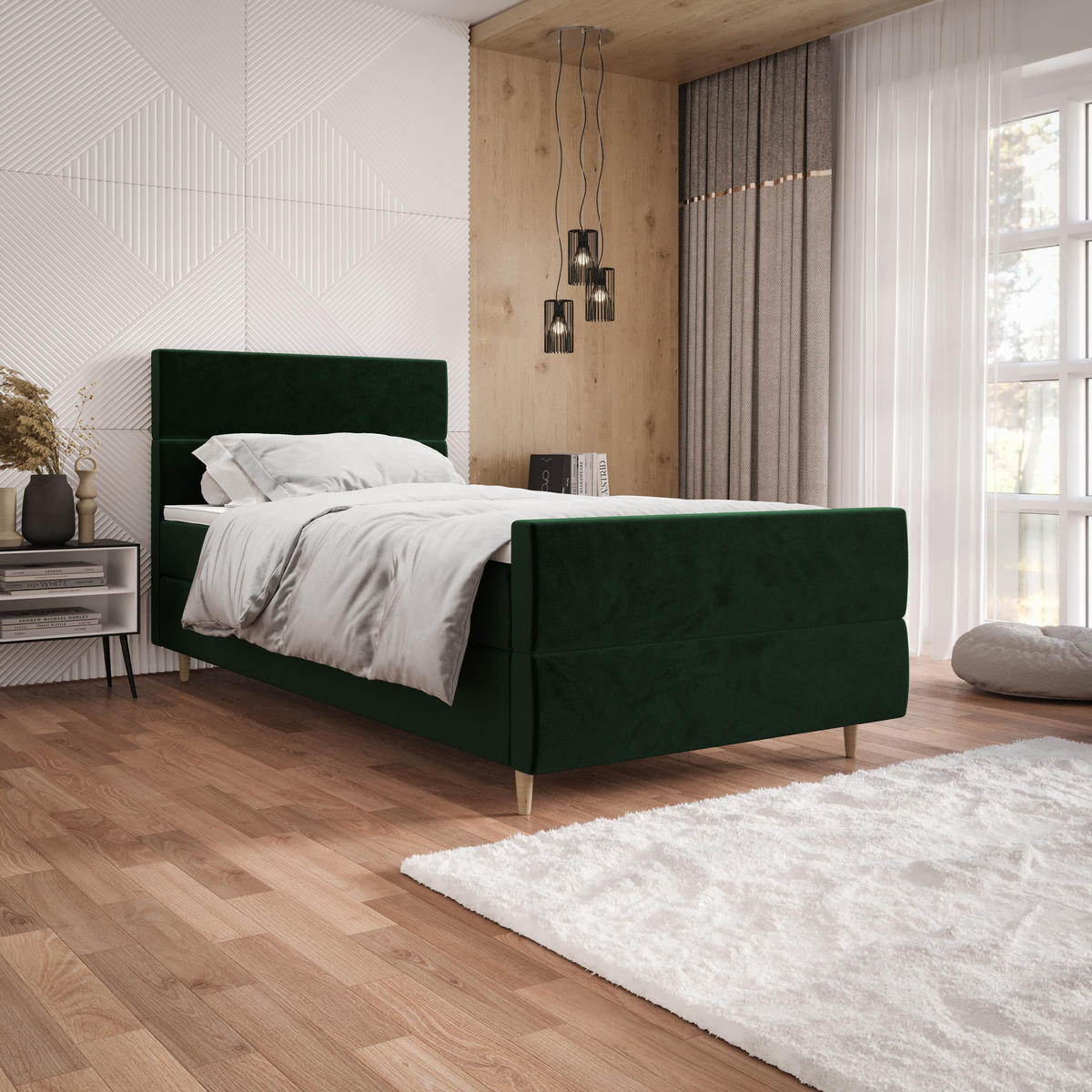BOXBETT FLO PLUS 100x200 Itaka 10, mit Matratze H3, Bonell und Topper, Dunkelgrün - Dunkelgrün, Holz/Textil (100/200cm) - Bedante