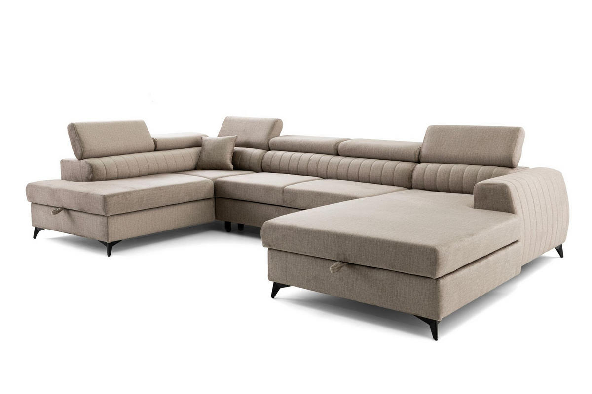 ECKSOFA U-Form PIERO U Links mit Schlaffunktion 125x260 Velours Beige - Beige/Schwarz, Holz/Textil (350/90/203cm) - Muffo