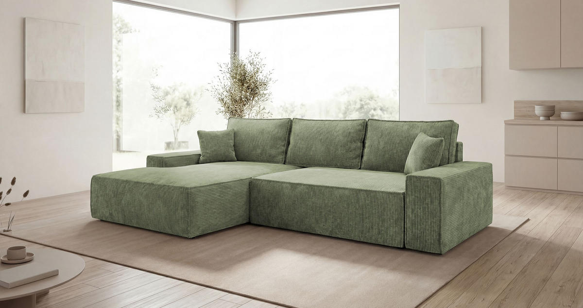 ROHOVÁ pohovka VERONA levá světle zelená manšestr Poso 47 - funkce spaní, úložný prostor - světle zelená, textil (280/185cm) - Cornero