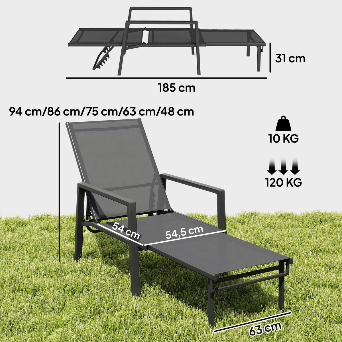 SONNENLIEGE Klappbare mit ausziehbarer Fußstütze 5-fach verstellbarer Rückenlehne,185*63*55 cm - Dunkelgrau, Metall (63/55/185cm) - Vallsero