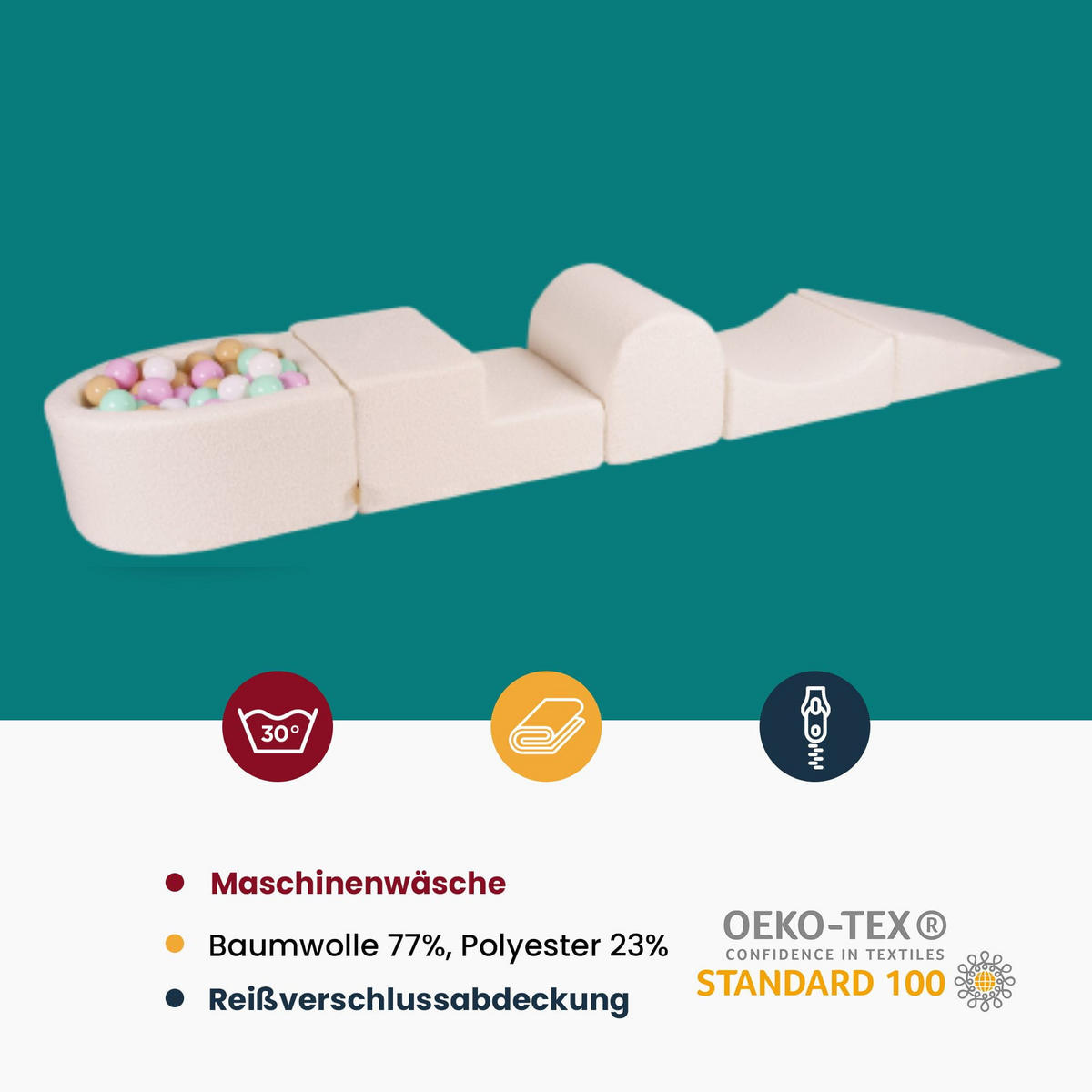 BÄLLEBAD klein mit Schaumstoff Bausteinen für Kinder, Boucle, Rosa - Transparent/Beige, Textil (250/45/30cm) - MeowBaby